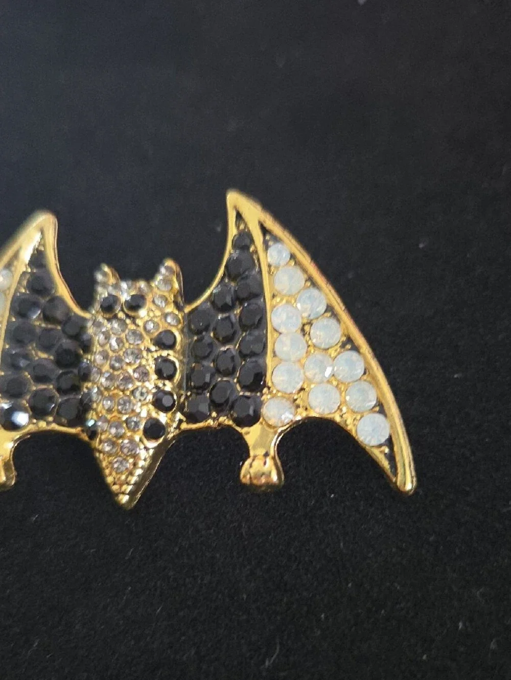 Gold Bat Wing Crystal Brooch - Black & White Accent